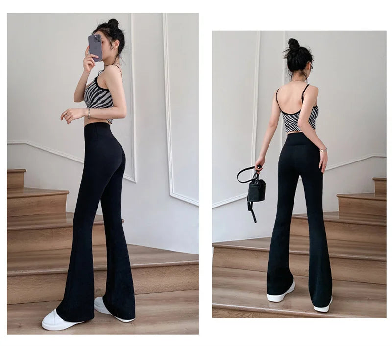 Women High Waist Flare Pants Winter Plush Warm Skinny Slimming Micro Horn Trousers Shark Pant Elegant Office Ladies Tights Y2k