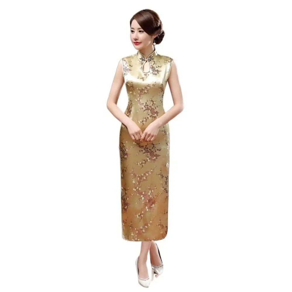 Floral Print Cheongsam Dresses Mandarin Collar Vintage Bodycon Dresses Maxi Chinese Style Chinese Qipao Evening Dress - Seprincess