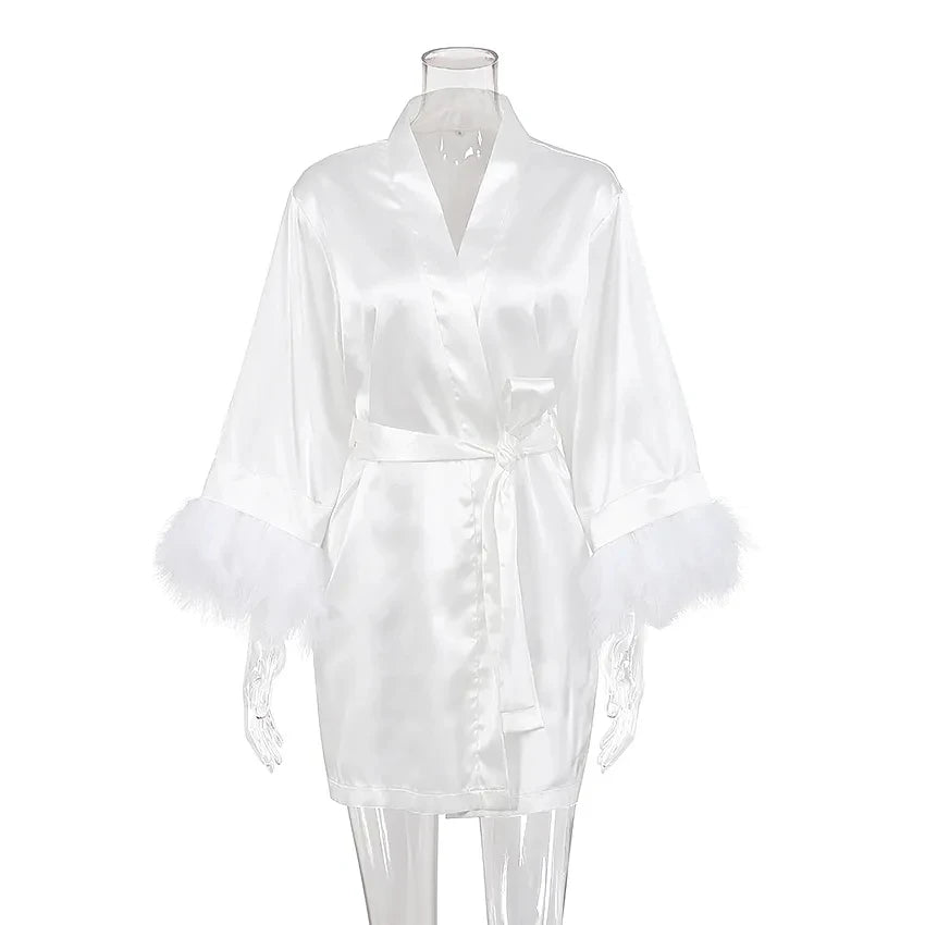 White Feather Robe With Fur Full Sleeves Sleepwear Satin Robes For Women Nightgown Bride Robe Gown Dress Bathrobe Female - Seprincess