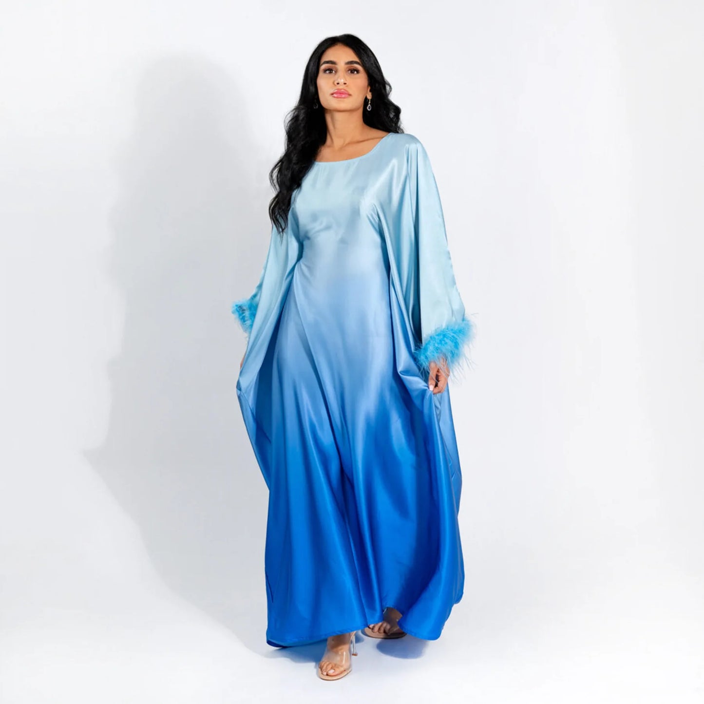 Fashion Shiny Feather Cuff Muslim Dress Robe Female Full Length Soft Butterflies Abaya Muslim Dress Worship Service Abaya wy2073