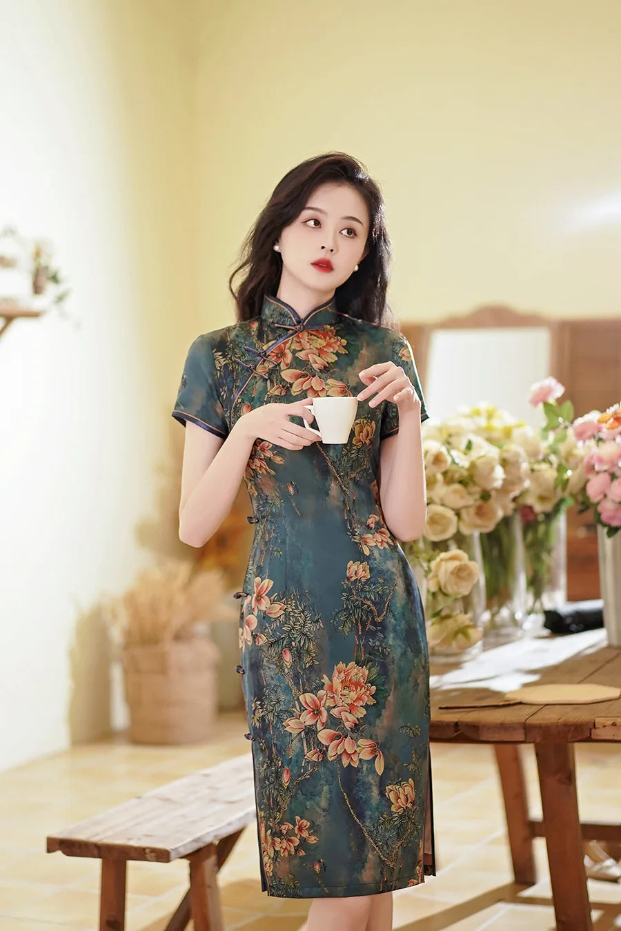 Chinese Style Dresses Women Green Print Cheongsams Elegant Chinese Traditional Dress Satin Vestido Chino Oversize 3Xl4Xl Qipao - Seprincess