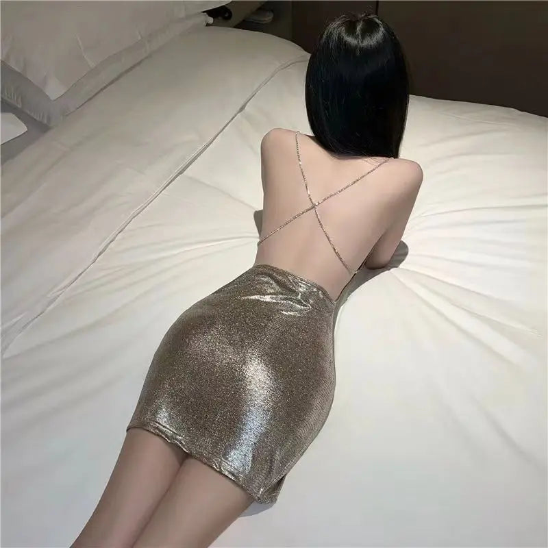 2024 Summer Clothes Bling Glitter Women Halter Mini Dress Side Slit Backless Bodycon Sexy Streetwear Party Club Festival Vestido - Seprincess