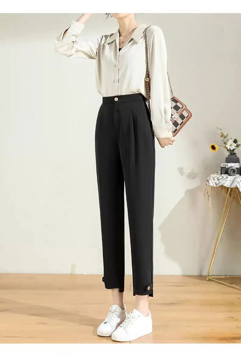 New Black Suit Pants For Women 2023 Spring/summer Straight Barrel Irregular High Waist Casual Cropped Wide Leg Pants