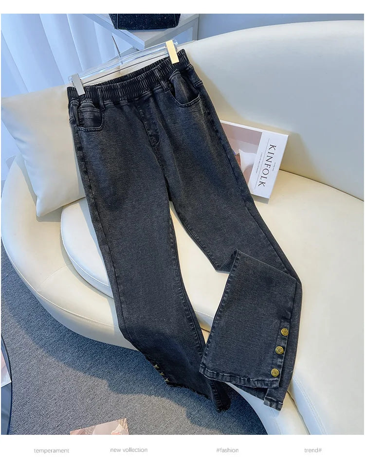 155Kg Plus Size Women's Jeans Hip 150-160 High Waist Casual Loose Flare Pants Trousers Black Black-Gray 5XL 6XL 7XL 8XL 9XL