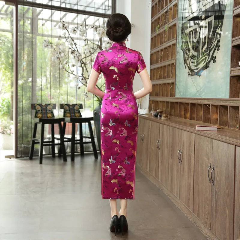 Spring Summer New Satin Qipao Pink Butterfly Print Cheongsams Women Elegant Long Dress Chinese Tradition Dresses Sexy Vestidos - Seprincess