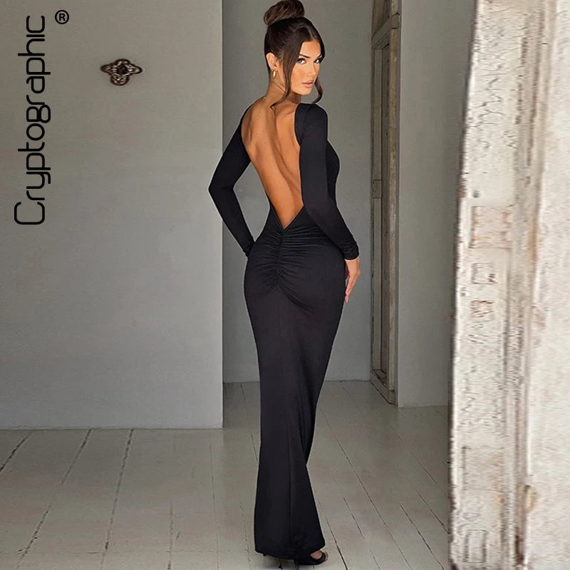 Cryptographic Elegant Open Back Ruched Sexy Bodycon Maxi Dress Birthday Outfits for Women Long Sleeve Dresses Gown Club Party - Seprincess