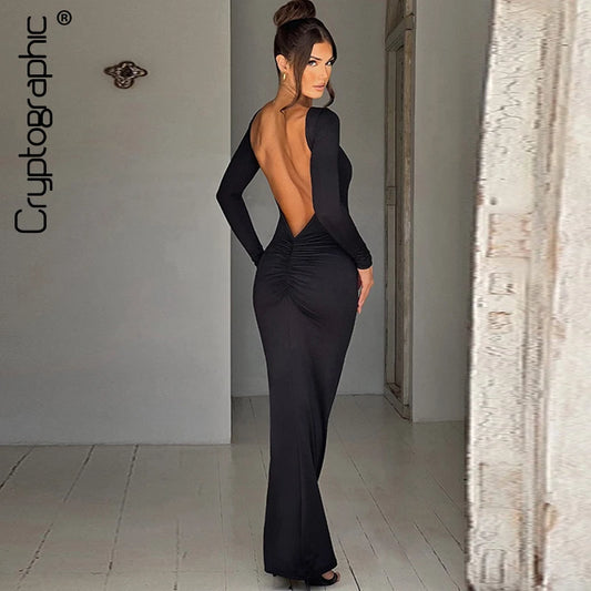 Cryptographic Elegant Open Back Ruched Sexy Bodycon Maxi Dress Birthday Outfits for Women Long Sleeve Dresses Gown Club Party - Seprincess