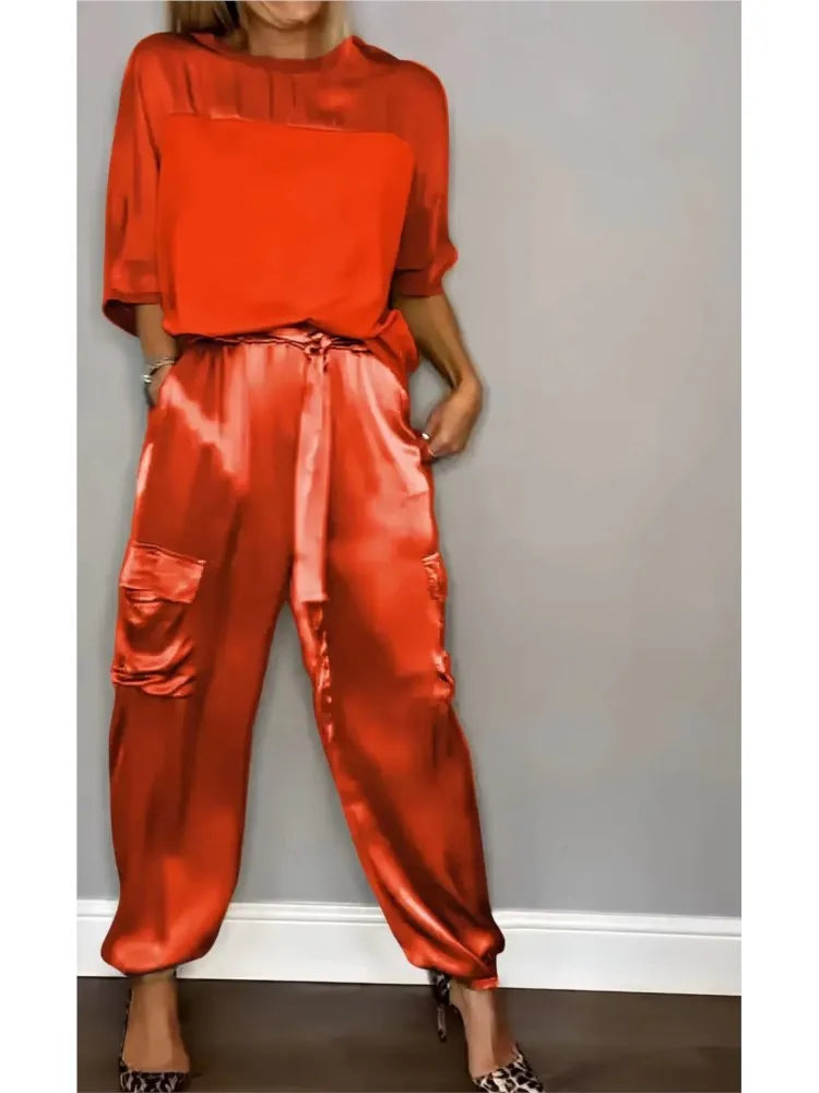 Fashion Solid Smooth Satin Two Piece Sets 2024 Spring Summer Women's O-neck Half Sleeved Top & Long Pants Casual Loose Outfits - Seprincess