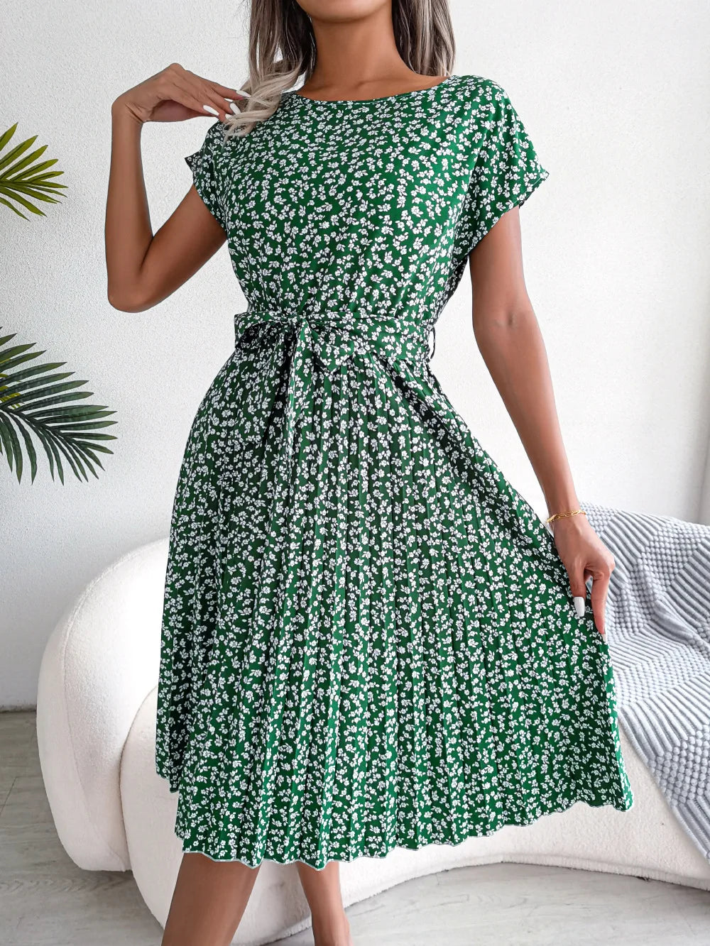 Women Spring Summer Short Sleeve High Waist Chic Dress Fashion Floral Pleated A Line Long Dress - Seprincess