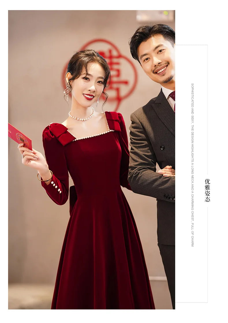 Burgundy Velvet Evening Dress Elegant Beaded Square Collar Engagement Dresses Temperament Bow Long Sleeve Formal Banquet Gown - Seprincess