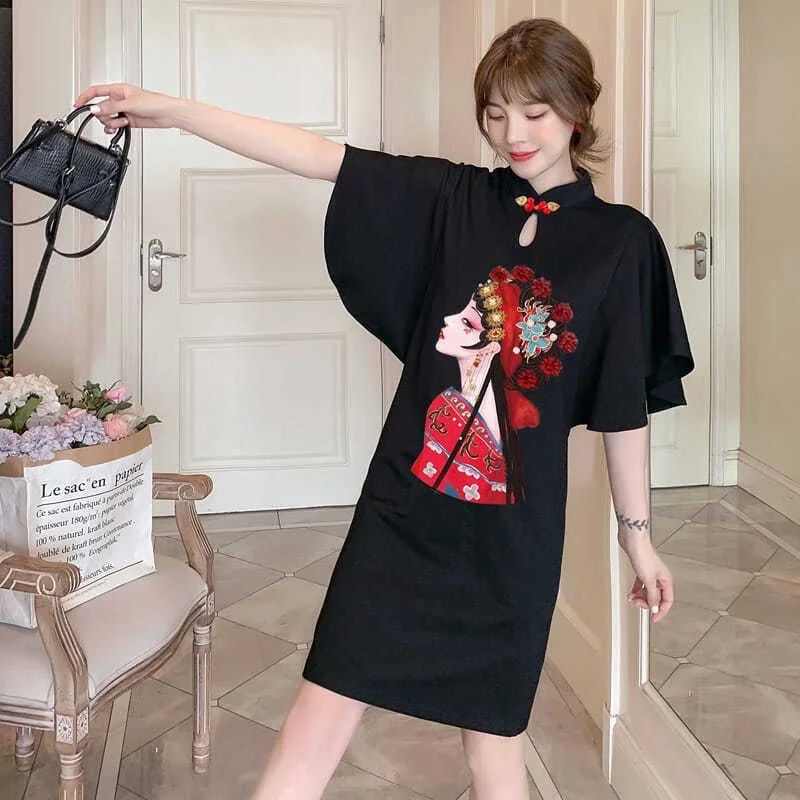 Chinese Opera Print Dress for Women, Summer Long Sleeve, National Style Cheongsam, Modern Improve, Elegant, Loose Qipao - Seprincess