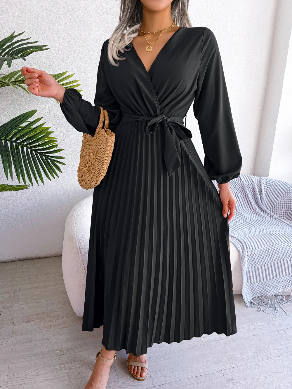 Women Elegant V Neck Long Sleeve Pleated Maxi Dress - Seprincess