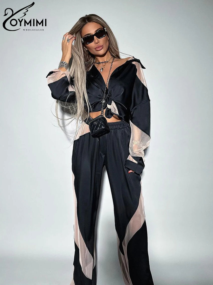 Oymimi Fashion Black Satin Patchwork 2 Piece Set Women Outfit Streetwear Long Sleeve Shirt With High Waist Pant Sets Y2k Clothes - Seprincess