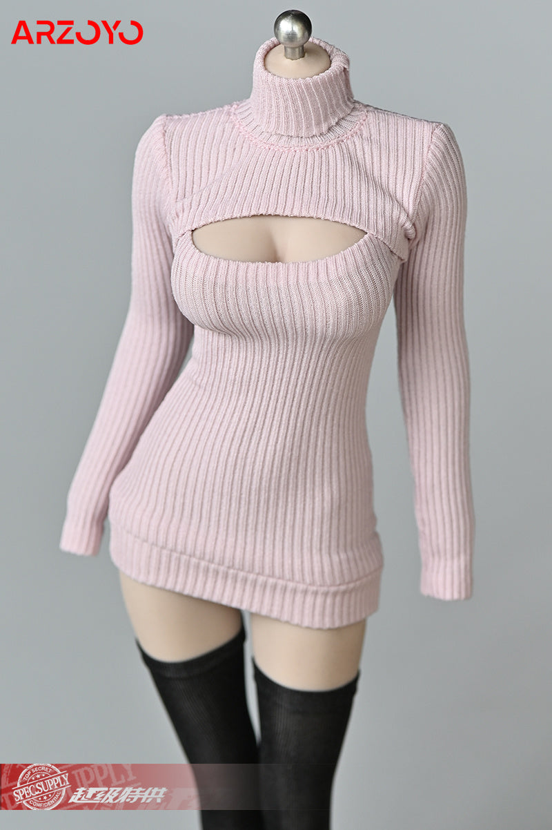 1/6 Female Soldier Sweater Slim Elastic High Neck Knit Pullover Sexy Open Chest Tops Mini Sweater Dress for 12" Action Figure - Seprincess