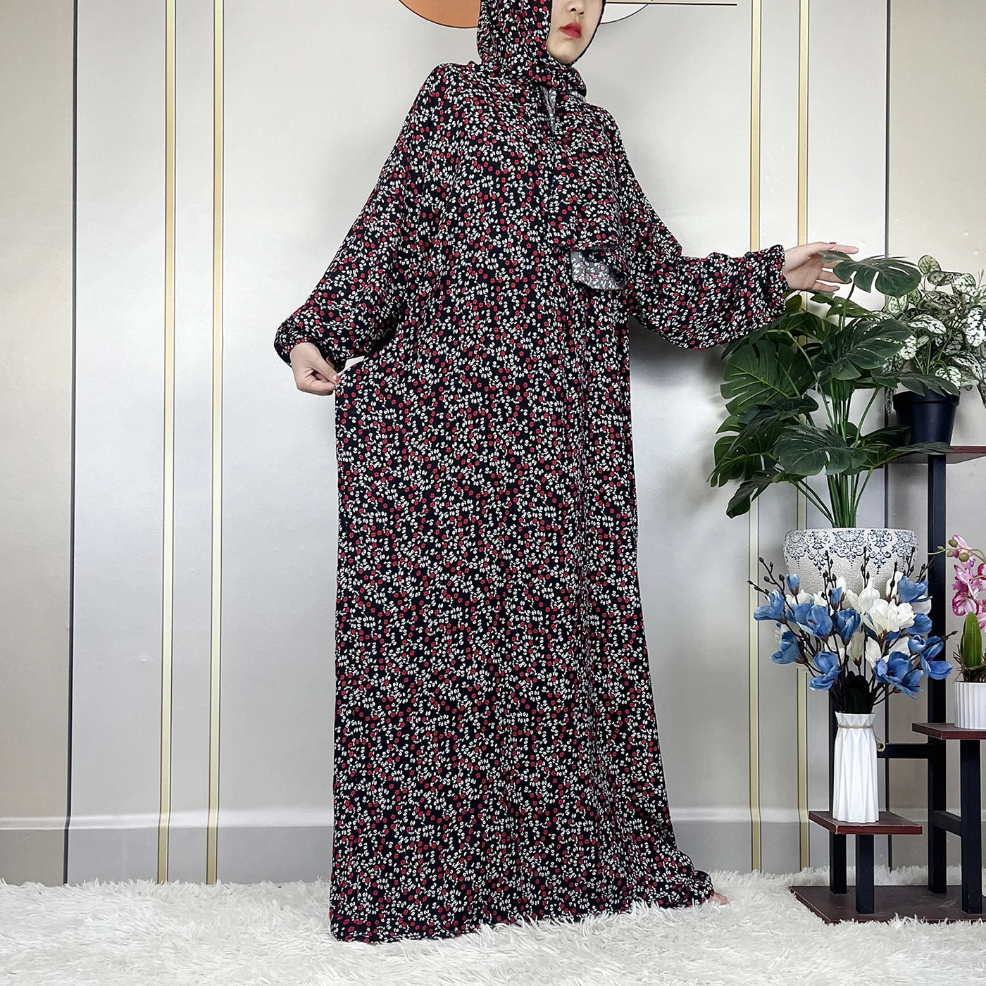 2024Latest Muslim Abayas For Women Ramadan Prayer Maxi Dubai Turkey Femme Cotton Robe Floral Loose African Dress Turban Attached