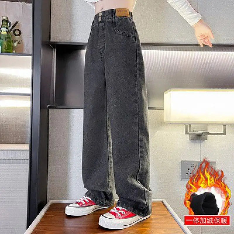 Girls' Loose Jeans For Autumn And Winter, Girls Aged 6 to 14, Loose Straight-leg Pants, Girls' Sherpa Fabric Warm Pants.