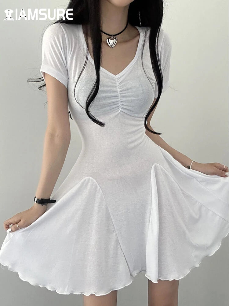 IAMSURE Casual Basic Solid Folds A-Line Dress Korean Style V-Neck Short Sleeve Mini Dresses For Women 2023 Summer Fashion Lady - Seprincess