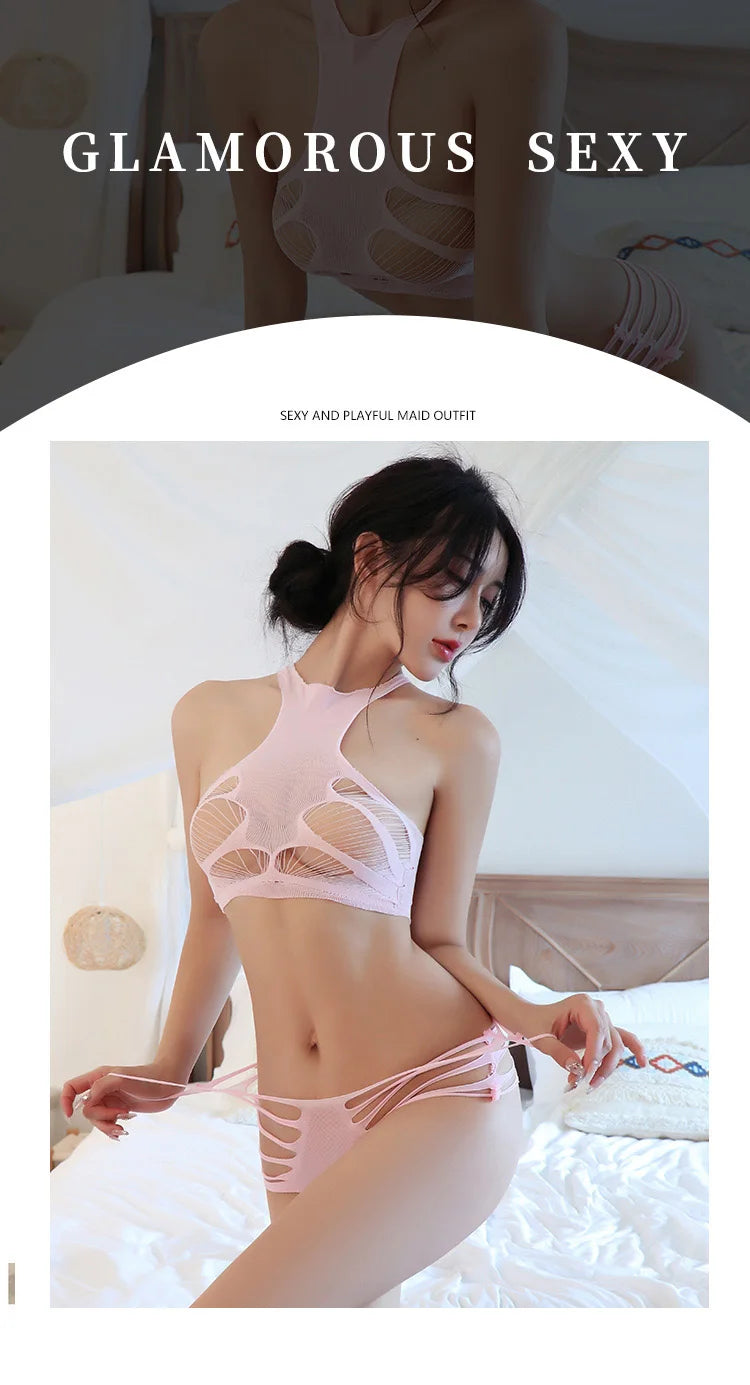 lingerie Hollow Stripe Perspective Breast Dew Two Piece Set women underwear Held sexy open crotch - Seprincess