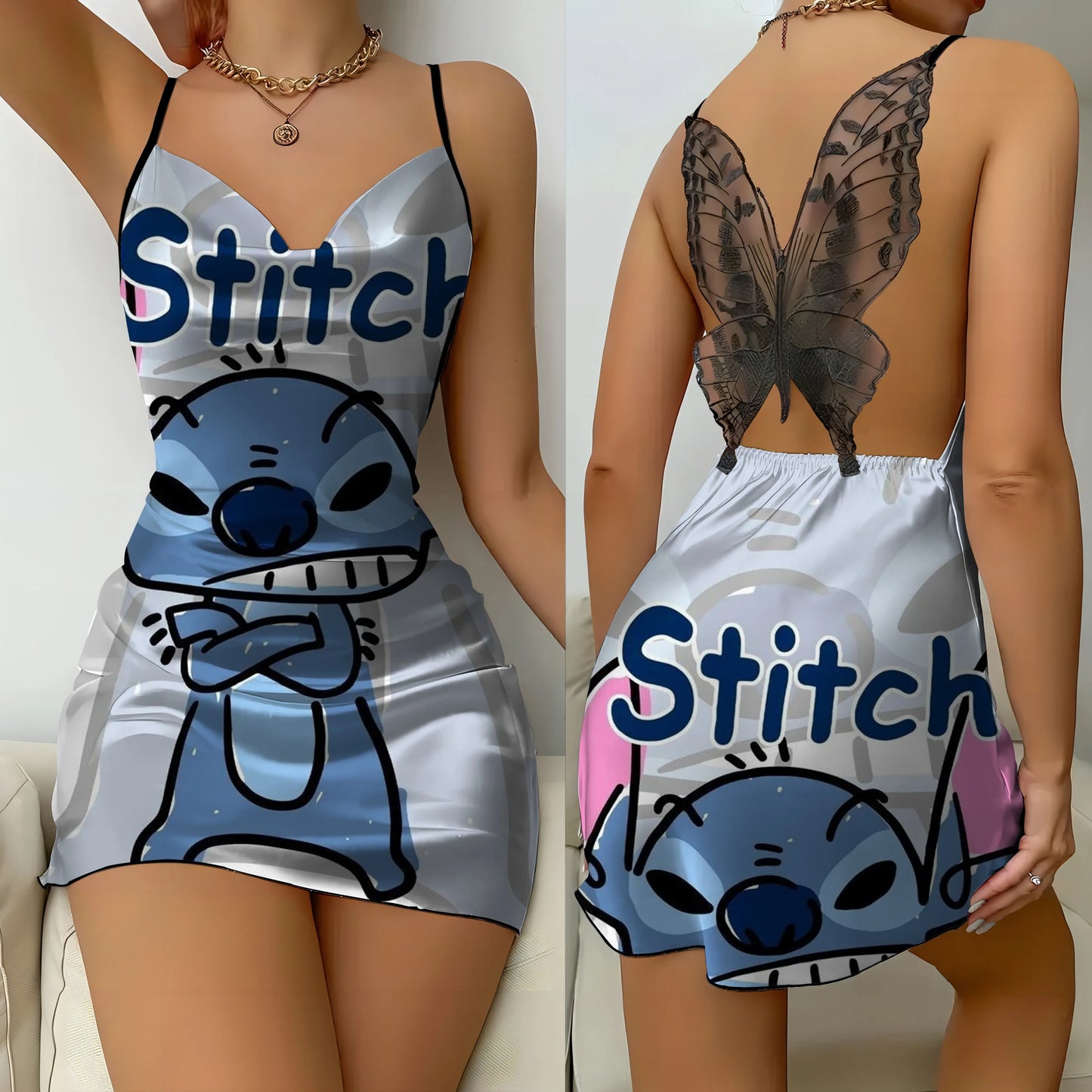 Bow Knot Party Dresses Mini Dress Disney Stitch Pajama Skirt Satin Surface Womens Fashion Summer 2024 Sexy Lace Backless Disney - Seprincess