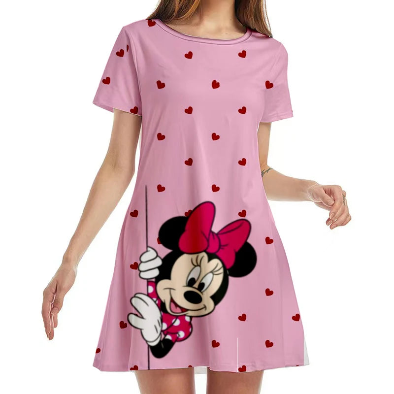 New Disney Minnie Mouse Anime Print Summer 2022 Ladies Sexy Round Neck Boho Beach Dress Ruffle Short Sleeve Mini Dress Y2K - Seprincess