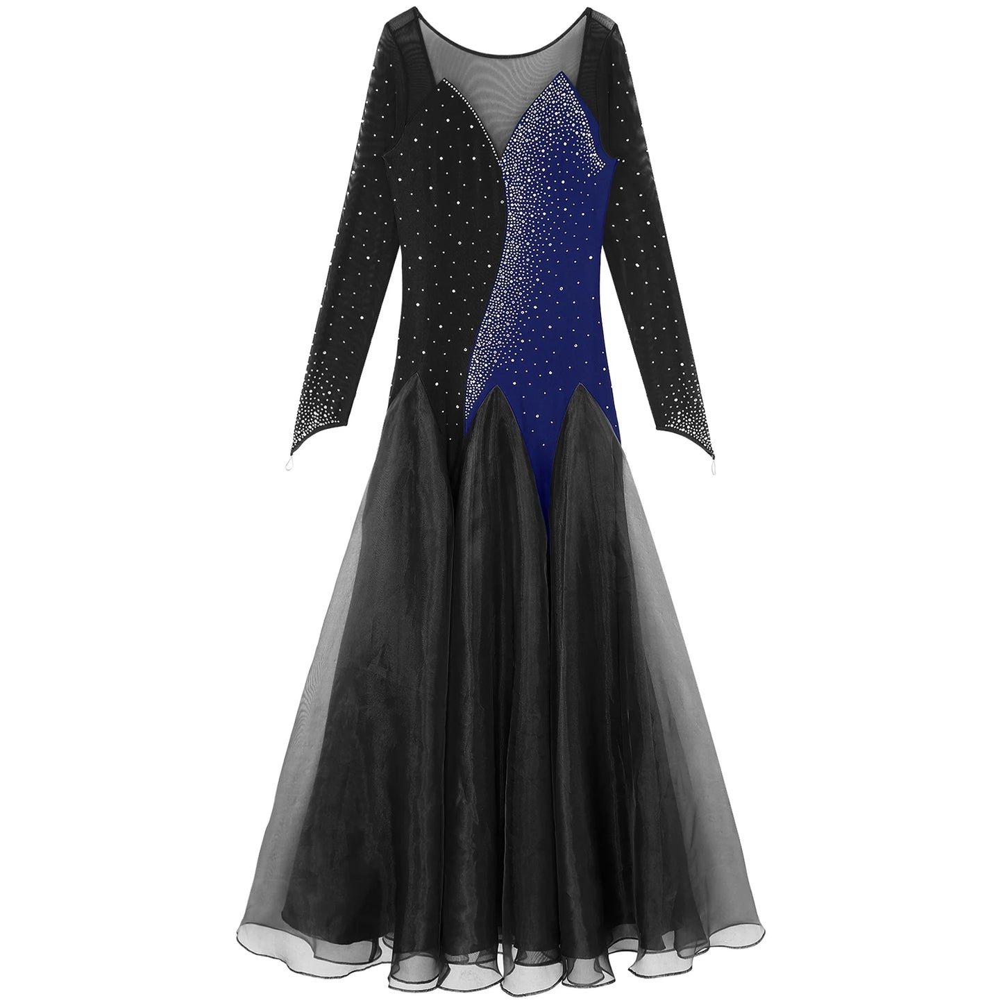 Womens Sheer Mesh Ballroom Dance Dresses Long Sleeve Shiny Rhinestones Dress for Lyrical Waltz Cha-Cha Performance Competition - Seprincess