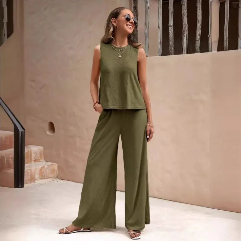 Women's Set 2024 Summer New Yellow Round Neck Sleeveless Shirt Wide Leg Pants Two Piece Set For Women Versatile Casual Outfits - Seprincess