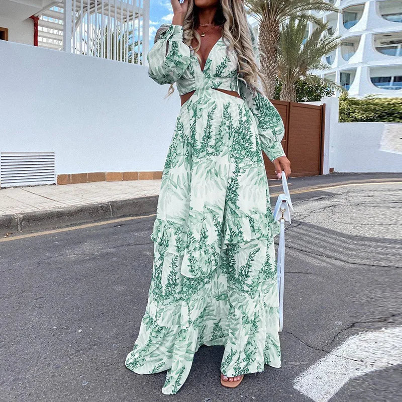 Spring New Long Dress Fashion Print Sexy Deep V-neck Long Sleeved Dress Women's Elegant Hollow Out Ruffle Spliced Maxi Dress - Seprincess