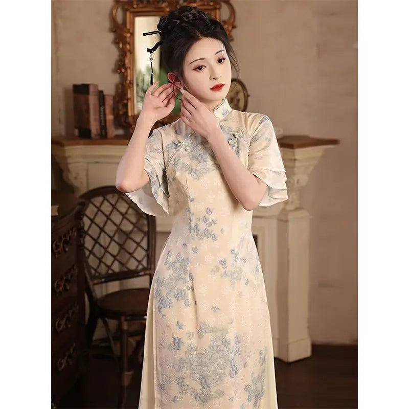 Improved Qipao 2024 New Summer Modern Chinese Style Blue Jacquard Short Sleeve Cheongsam For Women Youth Girls Long Party Dress - Seprincess