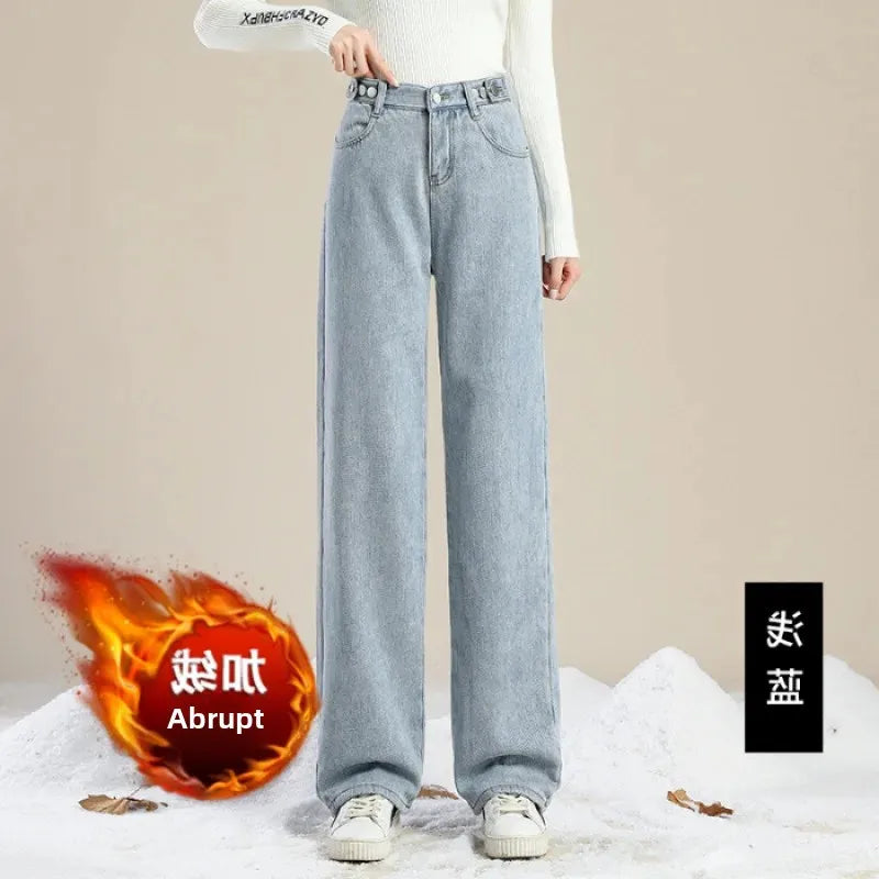 Thickened Fleece-Lined Warm Straight-Leg Jeans Design Adjustable High-Waisted Slimming Bell Bottoms Winter New Arrival