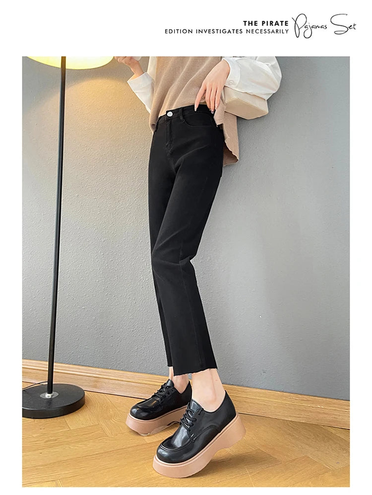 Rarely Hem Pants Spring High Waist Elastic Straight Barrel Jeans Women's Small Smoke Pipe