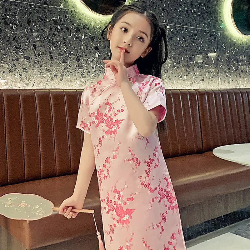 Classical Chinese Style Qipao Children Cheongsam Silk Brocade Princess Dress Baby Girl Print Cheongsams Handmade Button Clothing - Seprincess