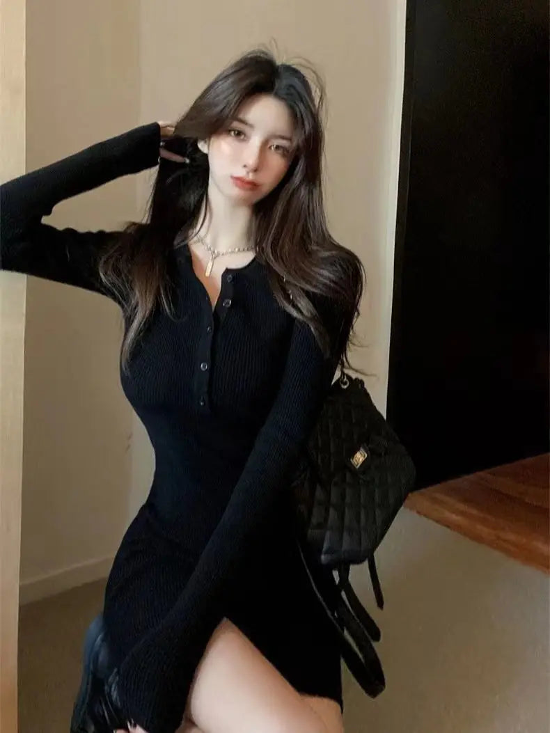 Gagarich Woman Korean High-end Waist Hot Girl Black Hip Dress Autumn Winter New Style Long Sleeved Knitted Short Vestidos - Seprincess