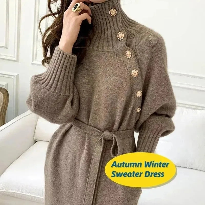 BTQWFD Turtleneck Sweaters Long Sleeves Dresses for Women Party Pullovers 2024 New Autumn Winter Button Skirts Female Clothing - Seprincess