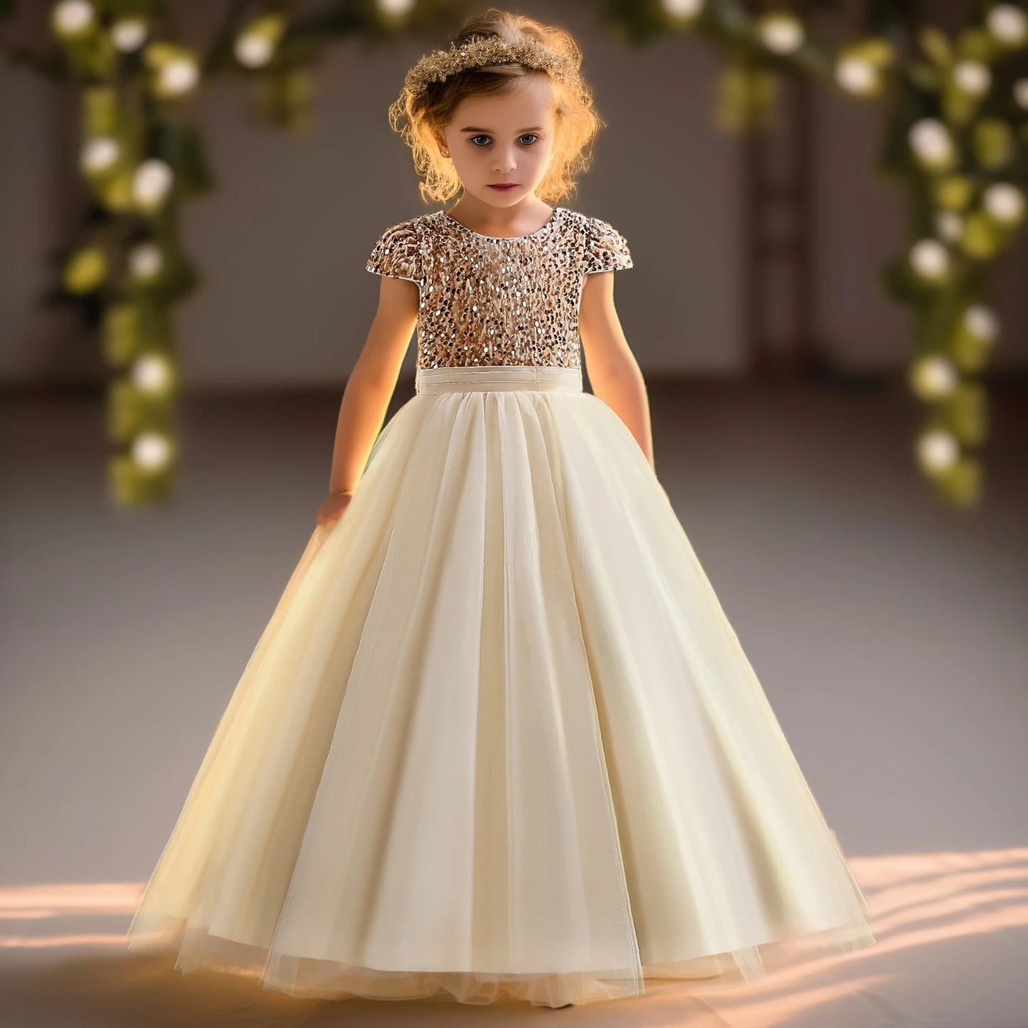 Sparkly Sequins Short Sleeves Flower Girl Dresses Tulle Kids Birthday Party Pageant Prom Gown Teen Girls Bridesmaid Dresses - Seprincess