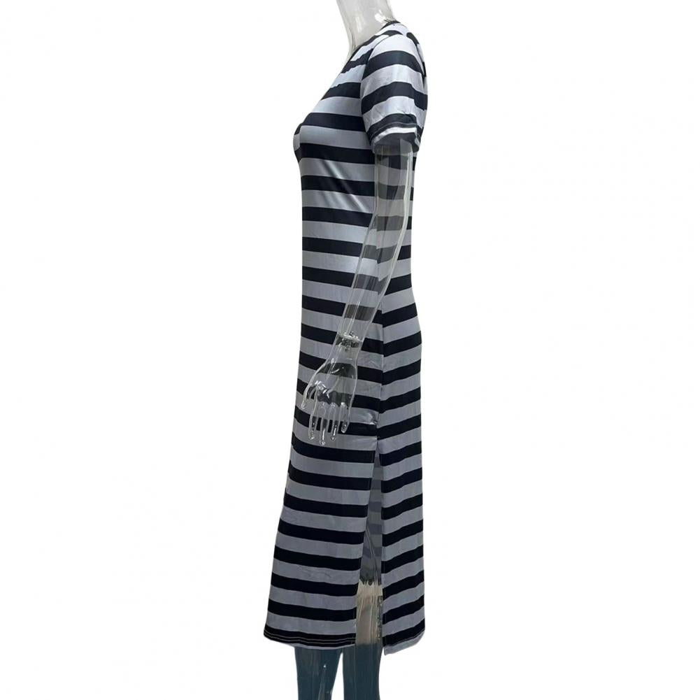 Summer Dresses 2023 Woman Plus Size Dresses For Women Casual Stripe Print V-neck Short Sleeve Loose Long Dress Robe Femme - Seprincess