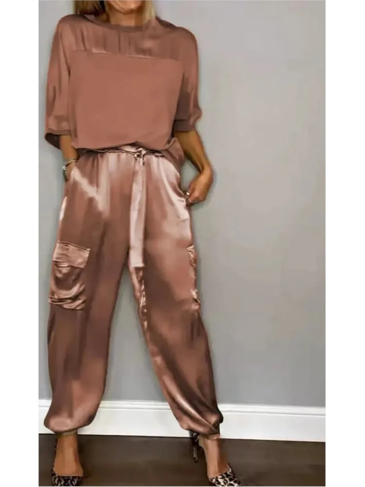 Women's Fashion Solid Smooth Satin Two Piece Sets 2024 Spring Summer O-neck Half Sleeved Top & Long Pants Casual Loose Outfits - Seprincess