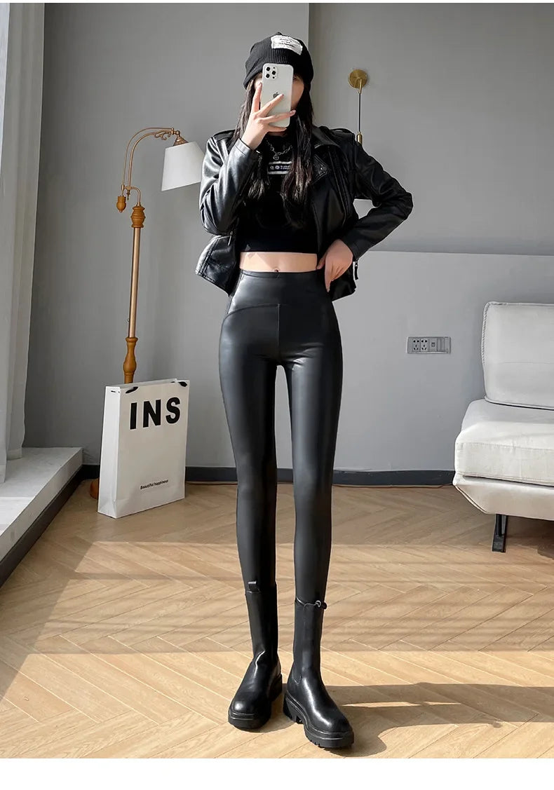 Autumn Winter Women Fleece Matte Leather Leggings High Quality Sheepskin High Waist Elastic PU Leather Pants Slim Sexy Leggings