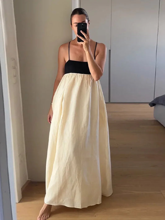 Contrast Splicing Loose Sling Long Dresses Women Square Collar Sleeveless Backless High Waist Dress 2024 Summer Lady Street Robe - Seprincess