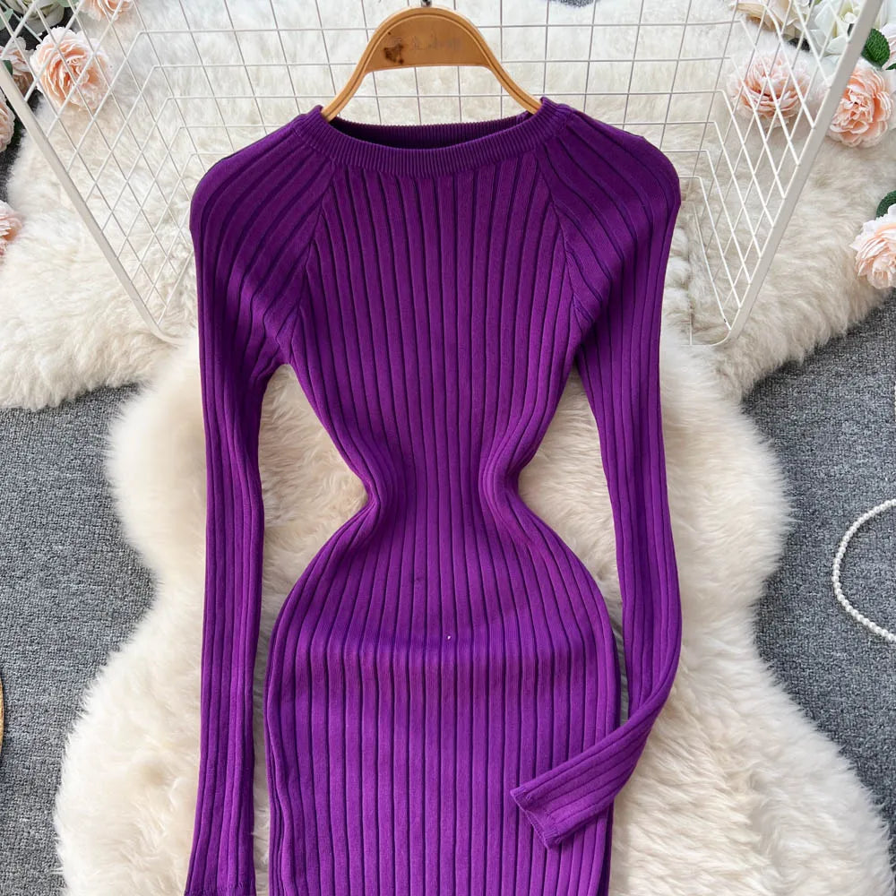 SINGREINY Winter Women Knit Maxi Dress O Neck Autumn Long Sleeve Slim Solid Harajuku Ladies Fashion Pencil Sweater Long Dresses - Seprincess