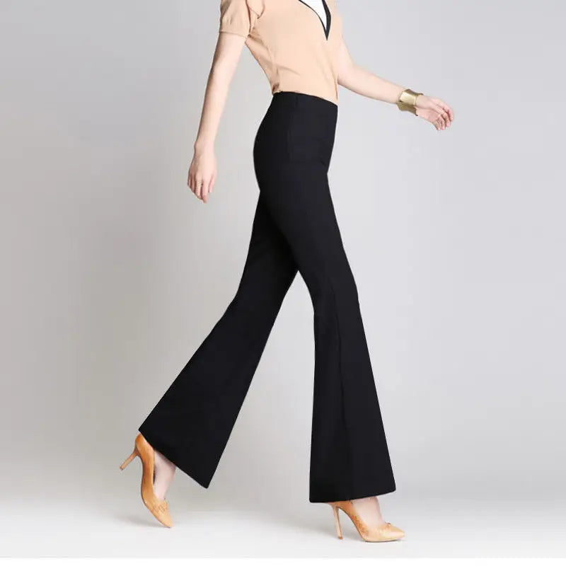 Autumn Winter Office Lady Fashion Long Flare Pants Solid High Waist Elastic Band Slim 4XL Professional Woman Wide Leg Trousers