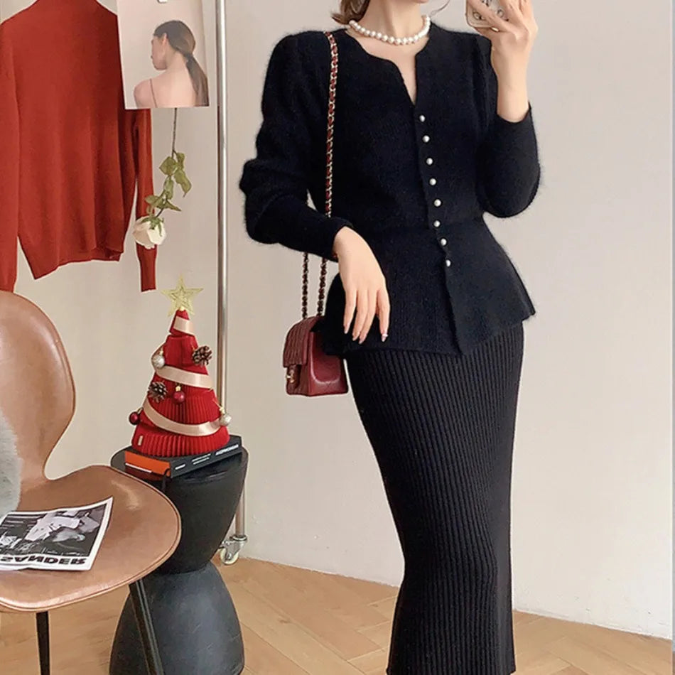 New Autumn Winter Dress Two Piece Sets Womens Outifits Korean Fashion Elegant Women's Cardigan Long Skirt Sets Female Clothing - Seprincess