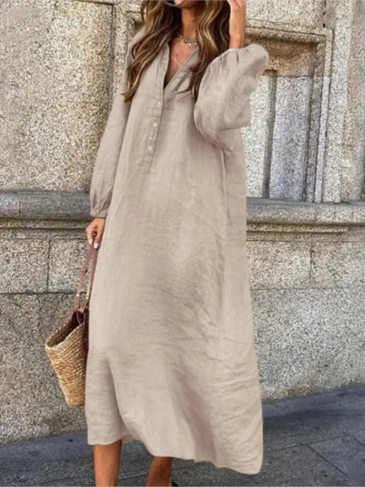 Women's Autumn New Cotton Linen Solid Color Long Sleeved Sexy V-neck Fashionable Button Long Casual Loose Comfortable Dress - Seprincess