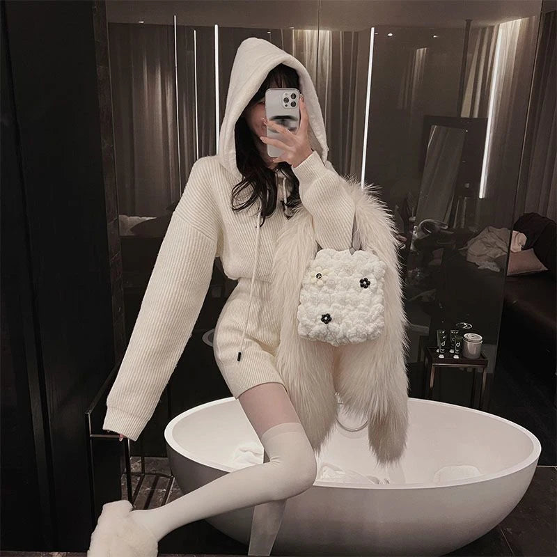 MEXZT Streetwear Knitted Mini Dress Women Hooded Sweater A Line Dresses Winter Korean Solid High Waist Slim Casual Vestidos New - Seprincess