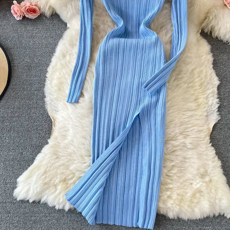 YuooMuoo Chic Fashion Sexy Wrap Hips Split Knitted Autumn Dress Women V-neck Slim Elastic Bodycon Long Dress Streetwear Outfits - Seprincess