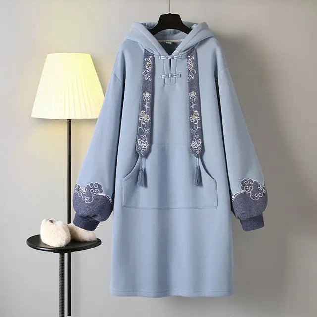 NEW Winter Plus Size Dress Women's Chinese Traditional Style Hanfu Cheongsam Embroidered Tang Suit Hooded Sweatshirt Vestidos