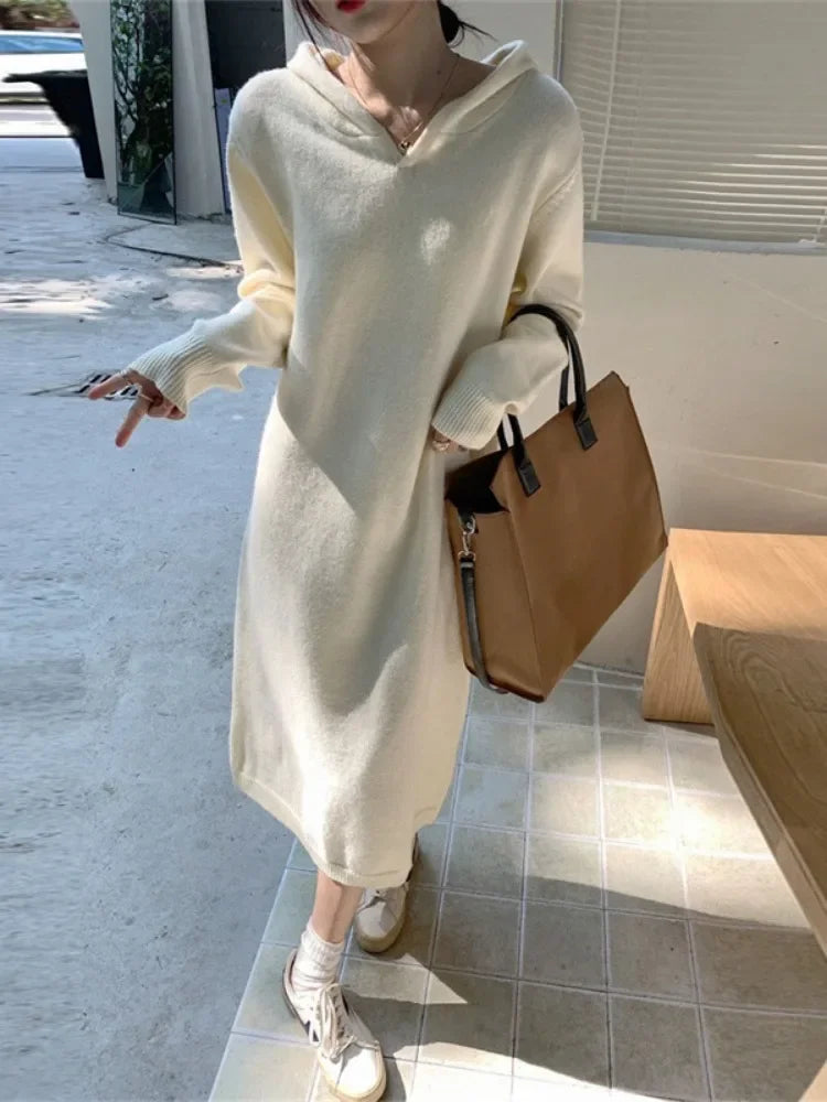 Hooded Long Knitted Dress Women Simple V-neck Style Loose Solid Color Straight Tube Pullover Inner Lining Long Skirt Women - Seprincess