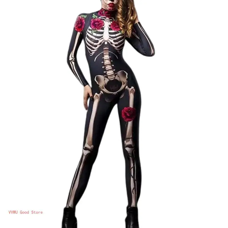 Women Halloween Party Costume Skull Print Long Sleeve Jumpsuit Outfit Skeleton - Seprincess