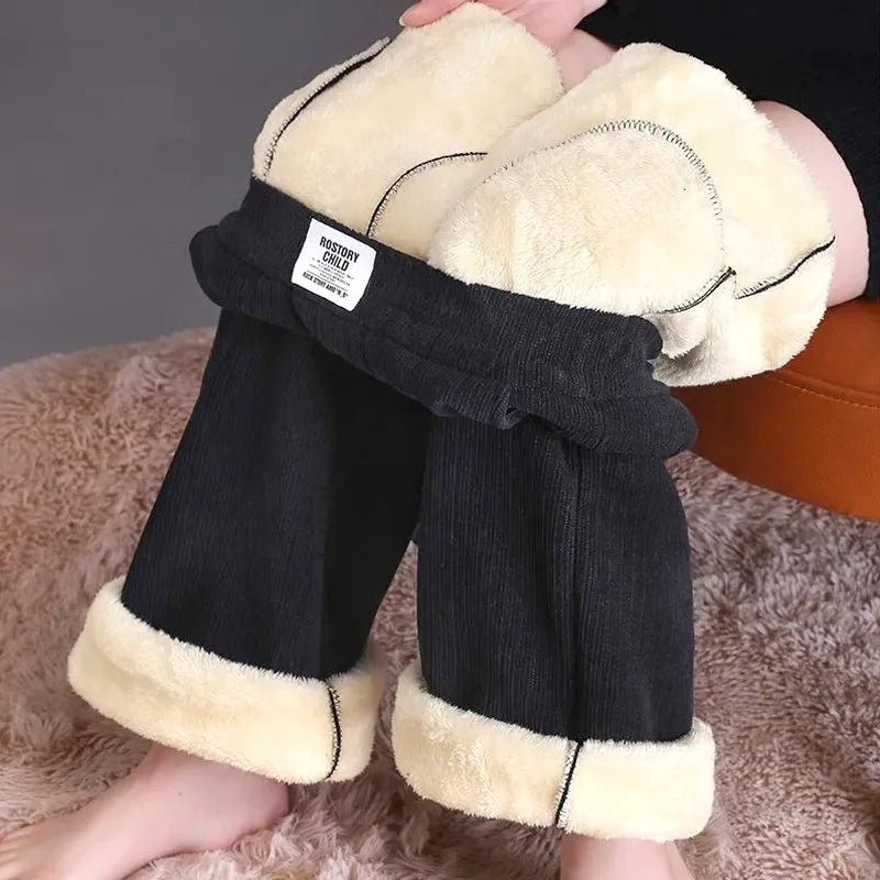 Women Warm Winter Plush Thick Pants Lambskin Cashmere Trousers High Waist Cotton Fleece Loose Female Plus Velvet Wide Leg Pants