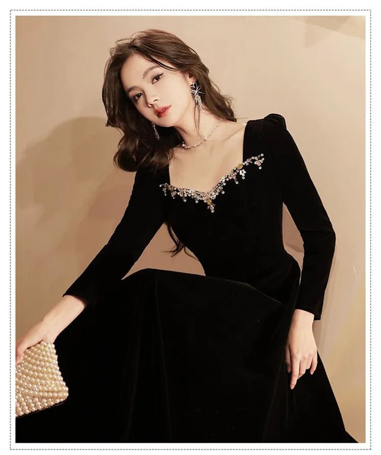 Black Dress Female Autumn Winter Solid Color Diamond Studded Bead Square Collar Long Sleeve A-line Skirt Women's Clothing M024 - Seprincess