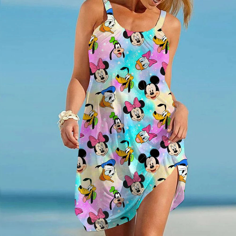 2024 New Big Swing Off Shoulder Loose Sundress S-3xl Summer Dresses Disney Mickey Mouse Strap Beach Dress For Women - Seprincess